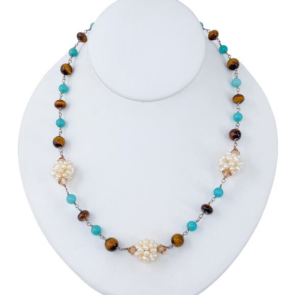 Estate Sterling Silver 925 Pearl Tiger Estate Sterling Silver 925 Pearl Tiger’s Eye Chrysoprase Necklace 16.5\